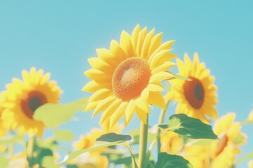 Obraz premium A close-up of a bright yellow sunflower in full bloom against a clear blue sky.