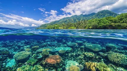 A split-level view of a tropical island with a lush green mountain in the background and a vibrant coral reef teeming with life in the foreground.