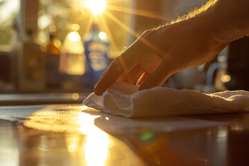 Hand wiping a table with a cloth in warm sunlight, with a soft background of kitchen items and sun flares