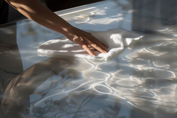 A hand wipes a glass table with a white cloth under artistic expressions of light and shadows