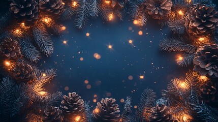 Fototapeta premium A frame of mini pine cones mixed with warm holiday lights, isolated on a midnight blue background with small, glowing star accents