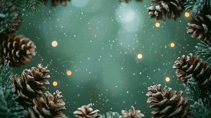A natural frame of mini pine cones with delicate golden lights, on a moss green background with subtle snowfall effects