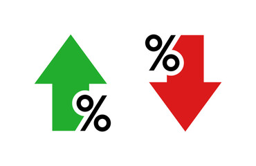 Percentage Arrow Icons. Up and Down Arrows with Percentage Sign. Investment Growth and Decline. Flat Style Icon Symbols. Stock Vector.