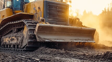 A construction worker operating a bulldozer, pushing dirt across a busy construction site. The dusty atmosphere and flying debris emphasize the intensity of the work