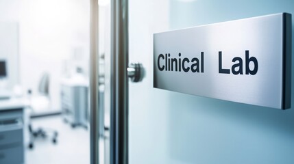 A sign for a clinical lab, with a blurred view of the lab in the background.