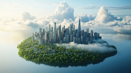 Fototapeta premium A futuristic city, surrounded by clouds, sits atop an island in the middle of a calm body of water. The city is made of glass and steel buildings, and it has a vibrant and modern feel.