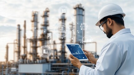 A scientist analyzes plant data on a tablet, illustrating the digital twin concept in energy management against a blue background.