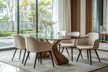 Fototapeta premium Modern dining room featuring unique table design and elegant chairs in a stylish setting