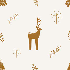Christmas pattern background with cute hand drawn gold deer and Christmas decorations. Vector seamless pattern. Trendy print for textiles, wallpaper and packaging. Perfect for holiday decorations.