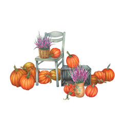 Autumn composition with orange pumpkins, basket and jug with lilac-pink heather (Calluna vulgaris) flowers. Watercolor hand-painted illustration on white background