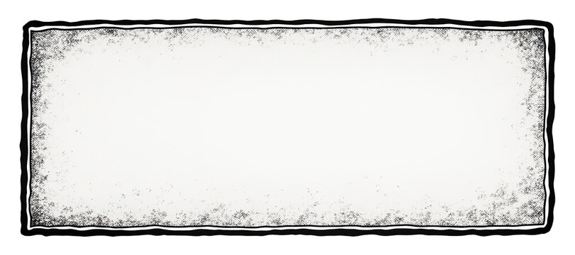 Vintage comic book panel: rectangular frame with rough distressed edges. Clean white interior space, hand-drawn black borders and weathered corners. Classic graphic novel aesthetic. Monochromatic.
