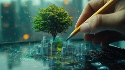 A hand draws a green tree over a city on a tablet, symbolizing sustainability.