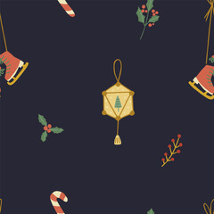 Christmas pattern background with hand drawn vintage Christmas decorations and ice skates Vector seamless pattern. Trendy print for textiles, wallpaper and packaging. Perfect for holiday decorations.