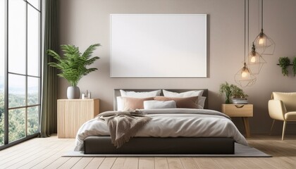 Modern bedroom interior with blank poster on wall. 3D Rendering