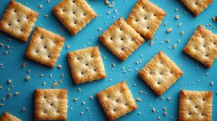 summer background, banner, header. Close-up view of crunchy crackers arranged neatly on a vibrant blue surface during a bright daytime setting