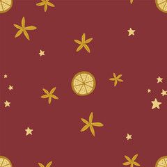 Christmas pattern background with cute hand drawn orange slices, stars and star anise. Vector mulled wine pattern. Trendy print for textiles, wallpaper and packaging. Perfect for holiday decorations.