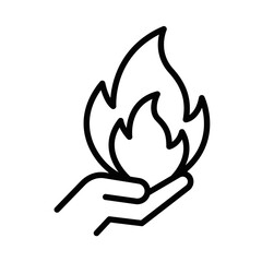 Minimalist hand holding a flame, symbolizing safety, care, or energy. Vector illustration. Editable stroke.
