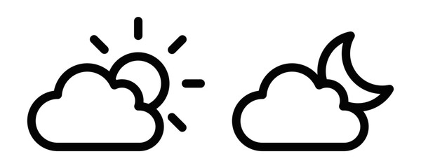 Line art of cloudy weather with sun and moon icons, perfect for weather apps or forecasts. Vector illustration. Editable stroke.