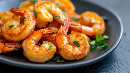 Delicious crispy fried shrimp served on a black plate garnished with fresh parsley for a seafood delight