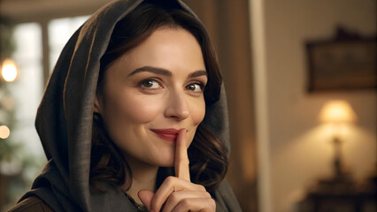 Woman with a playful expression shushing and looking at camera indoors
