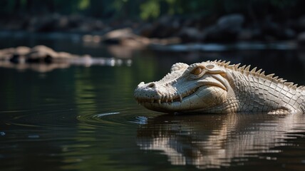 Obraz premium a rare albino crocodile, its pale skin contrasting sharply with the dark, murky water. The crocodile's distinctive features, such as its powerful jaws and sharp teeth, are clearly visible
