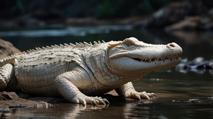 Obraz premium a rare albino crocodile, its pale skin contrasting sharply with the dark, murky water. The crocodile's distinctive features, such as its powerful jaws and sharp teeth, are clearly visible