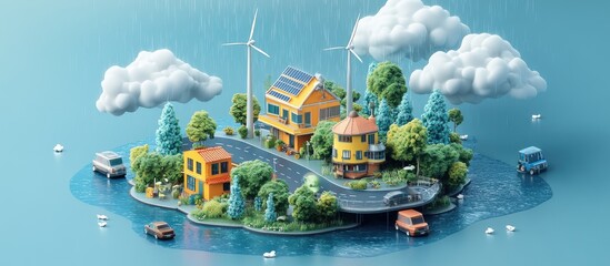 Miniature town with windmills and solar panels on a blue background, rainy weather, surrounded by white clouds.