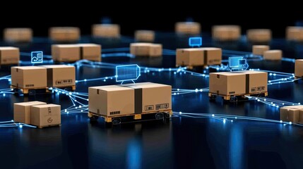 Obraz premium Solar panels generate energy while digital icons illustrate technology and smart industry in a vibrant, blue sky environment