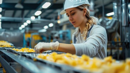 A food processing plant worker attentively monitoring the flow of ingredients through the production machinery