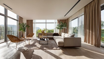 Fototapeta premium Modern living room interior with elegant furniture and large windows. 3D Rendering