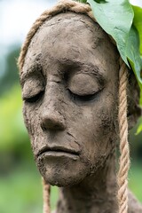 A clay sculpture of a woman with a leaf on her head