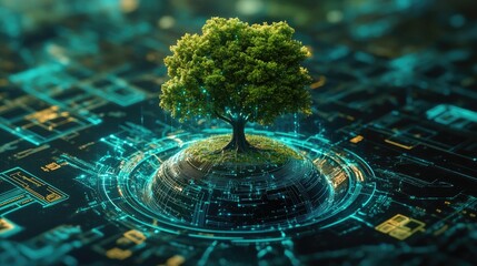 A lone tree growing from a glowing orb in a digital landscape.