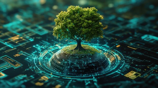 A lone tree growing from a glowing orb in a digital landscape.