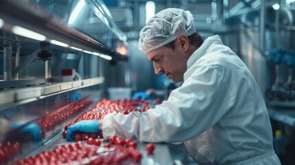 Fototapeta premium A food processing plant worker attentively monitoring the flow of ingredients through the production machinery