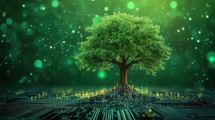 A vibrant green tree grows from a cityscape, symbolizing the future of technology and nature in harmony.