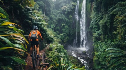 Cyclist riding past a waterfall in a lush forest