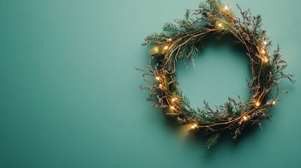 Fototapeta premium A wooden wreath with small pine branches and warm lights, arranged against a simple, matte seafoam green background
