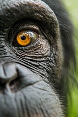  A close up of a chimpanzee's eye with a green background