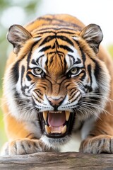 A close up of a tiger yawning with its mouth open