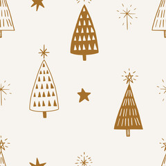 Christmas pattern background with cute hand drawn gold Christmas tree and stars. Vector seamless pattern. Trendy print for textiles, wallpaper and packaging. Perfect for holiday decorations.