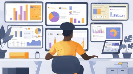 Naklejka premium Data scientist using machine learning algorithms, with complex data visuals