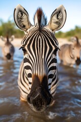 Fototapeta premium A zebra standing in a body of water with other zebras in the background
