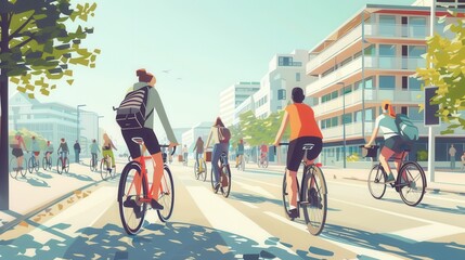 Digital illustration of cyclists navigating urban pathways and streets, emphasizing the convenience and eco-friendly aspects of biking in the city