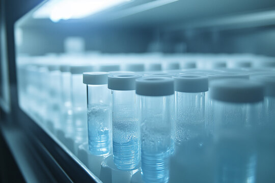 A close-up of cryogenic storage tubes neatly arranged inside a freezer, sterile atmosphere.Test tubes with various liquids stored in a refrigerator