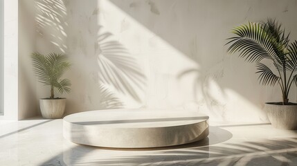 Geometric platform, minimalist white room, cylinder podium, palm leaf shadows, serene product display