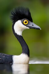 A close up of a bird with a black and white head