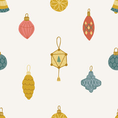 Christmas pattern background with cute hand drawn vintage Christmas tree decorations. Vector seamless pattern. Trendy print for textiles, wallpaper and packaging. Perfect for holiday decorations.