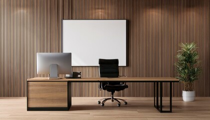 Modern office with large wooden desk, computer, chair, and blank square poster on wood-paneled wall. Minimalist interior design concept. 3D Rendering.
