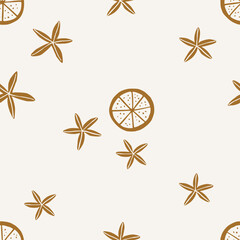 Christmas pattern background with cute hand drawn gold orange slices and star anise. Vector mulled wine pattern. Trendy winter print for wallpaper and packaging. Perfect for holiday decorations.