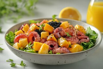 Colorful seafood salad with octopus, mango, and caviar served on a white plate